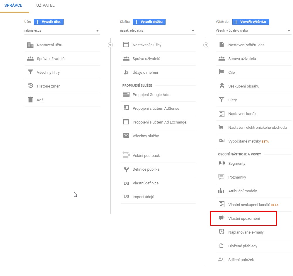Vlastní upozornění v GA