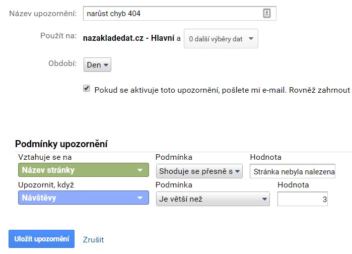Nastavení upozornění na nárůst chyb 404