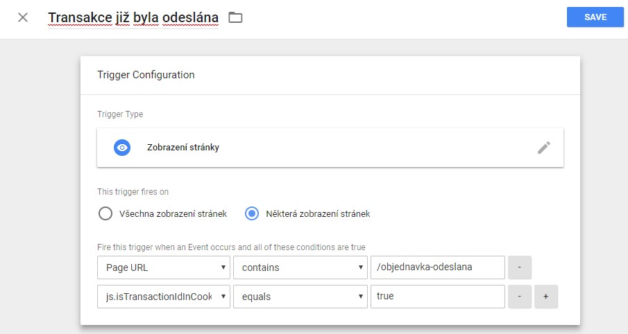 Nastavení triggeru Transakce již byla odeslána