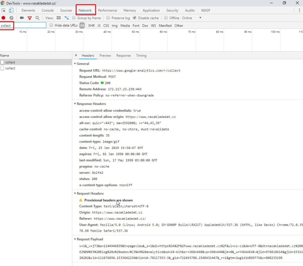 Hit do GA v DevTools prohlížeče Chrome